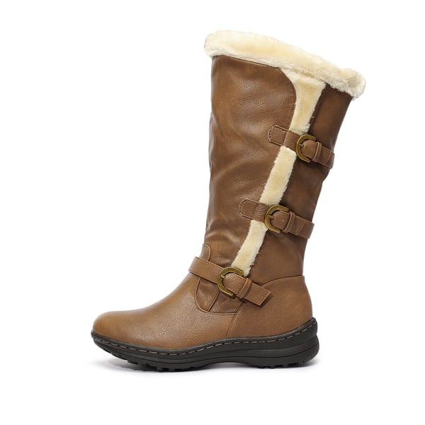 Wide Calf Snow Knee High Boots - CAMEL PU - 1
